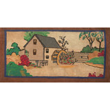 Small Antique Scenic Pictorial Folk Art Landscape Farm House Design American Hooked Rug