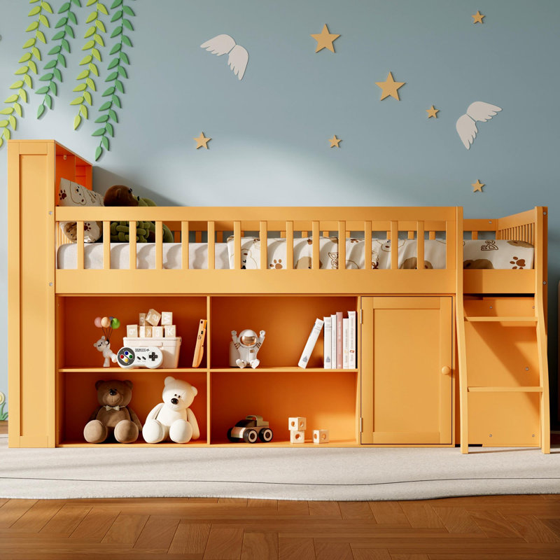 Grand lit mezzanine avec rangement, tête de lit avec lumière DEL, naturel, Naturel, Grand lit