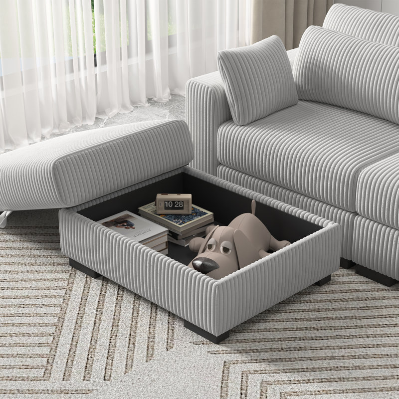 Canapé modulaire réversible en L 3 pièces avec repose-pieds et rangement, collection de canapés en velours côtelé