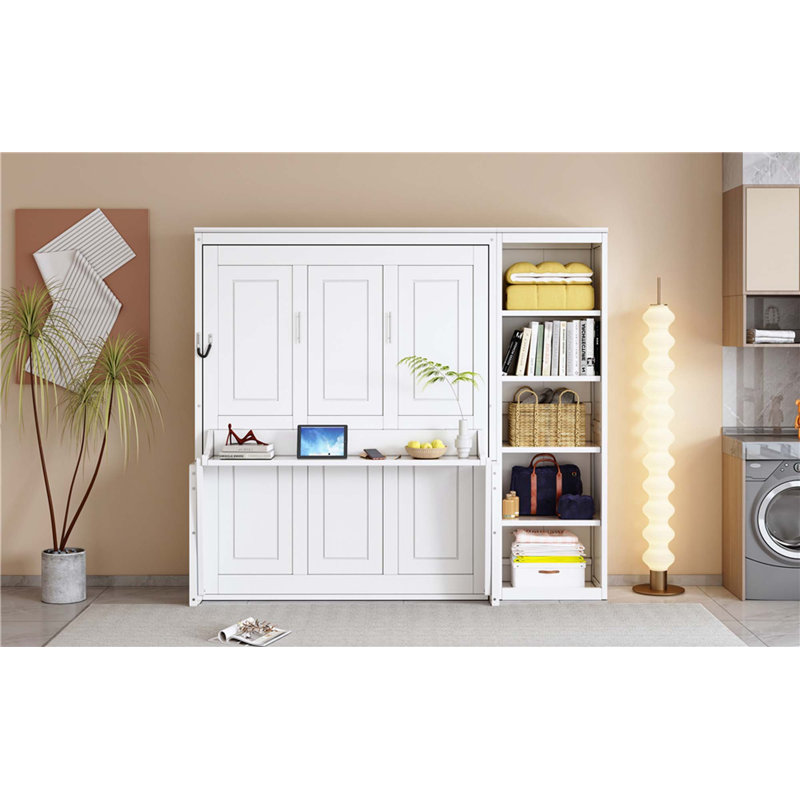 Lit escamotable avec bureau et bibliothèque pour chambre à coucher, Double, Blanc
