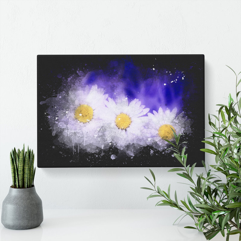 Three White Daisies Paint Splash - Wrapped Canvas, 60cm H x 91cm W x 3cm D