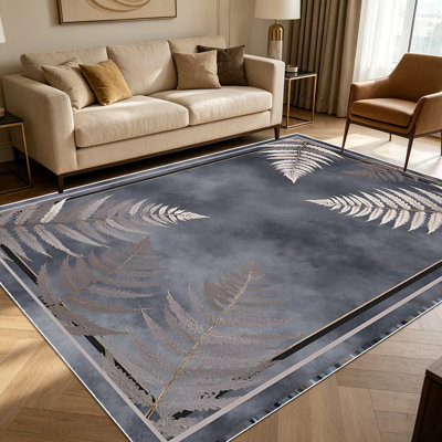 Tapis de 1 feuille de fougère grise rétro vintage pour le salon, doux et confortable, convient à toutes les saisons, facile à entretenir, tapis de sol intérieur lavable à la machine, sous la table de ferme convenant à la table à manger, au vestibule, à la chambre à coucher, à la cuisine, au patio, au couloir