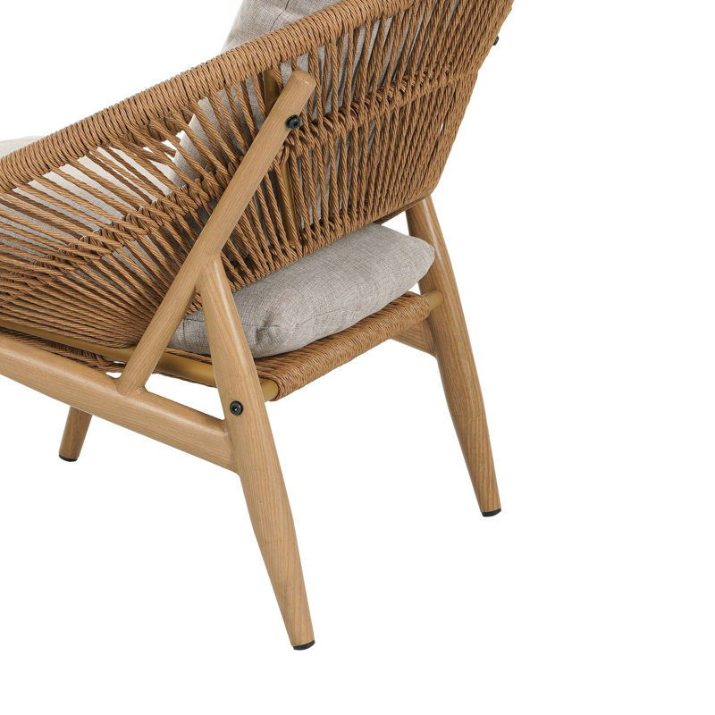 Chaise longue d'extérieur en osier de style papasan Cyril, ensemble de 1, Coussin beige / structure brun clair