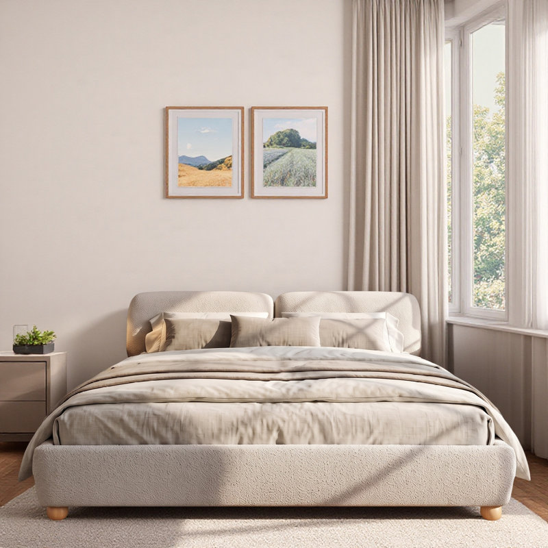 Lit plateforme tapissier avec tête de lit épaisse incurvée et pieds arrondis en bois d'hévéa, Taupe