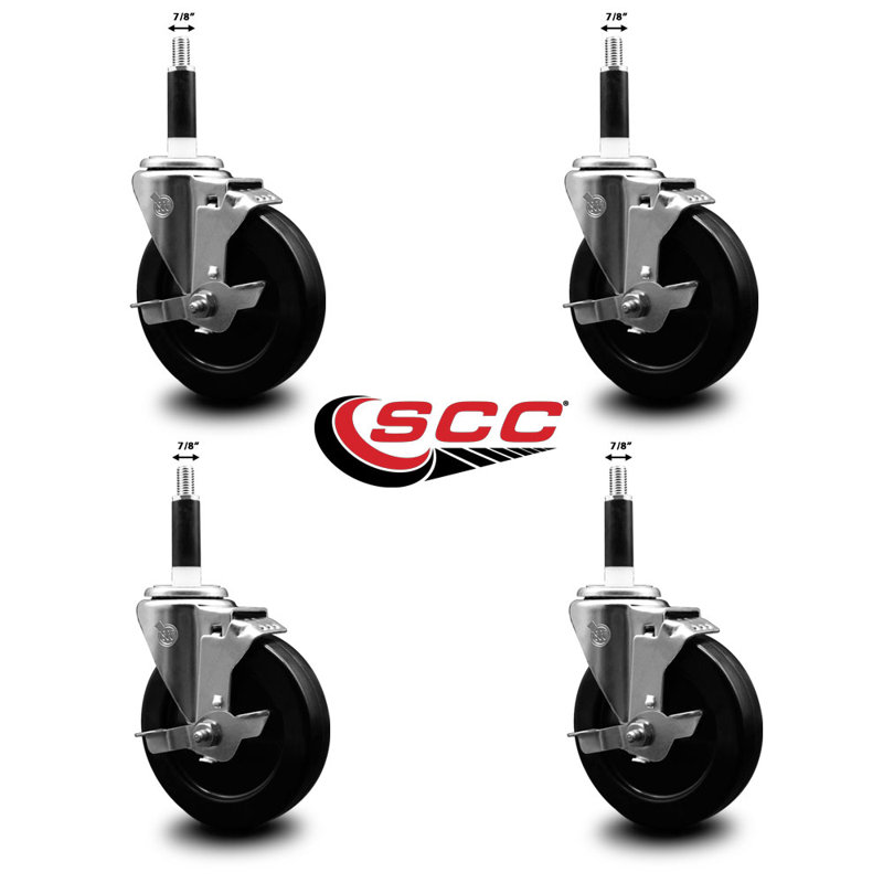 Hard Rubber Swivel Expanding Stem Caster Set with Brake SCC TLB 5" x 7/8"
