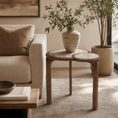 Contemporary Layered Round Marble Top And Mango Wood Side Table For Living Room - Modern Accent Table With Narrow End Profile For Sofa Side - Brown