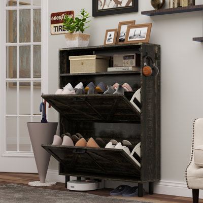 Armoire à chaussures, armoire à chaussures de ferme avec 2 tiroirs rabattables et porte de grange, armoire à chaussures autoportante avec rangement ouvert pour vestibule, vestibule, couloir