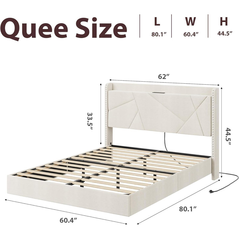 Base de lit flottante avec lumières DEL et station de charge - Lit plateforme tapissier avec tête de lit, Beige, Grand lit