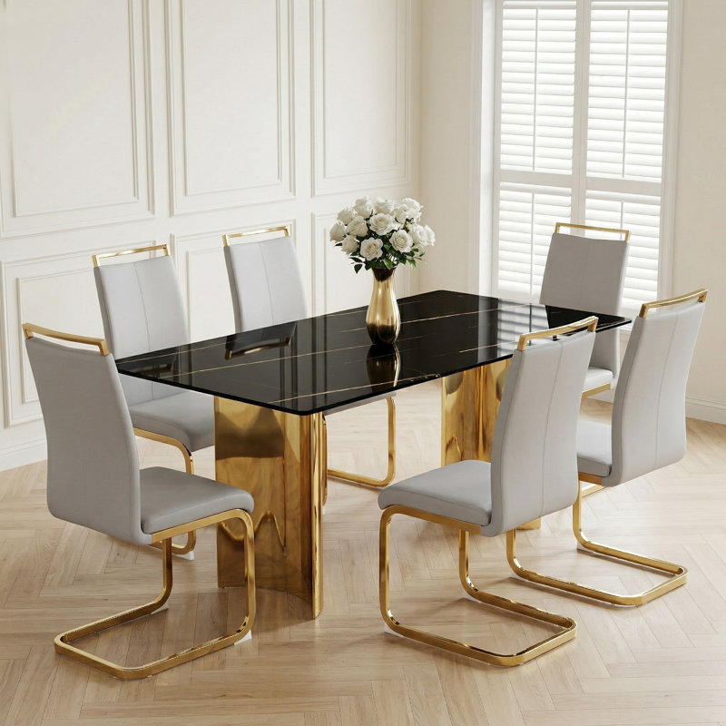 Keligot 7-Piece Modern 71" Rectangular Faux Marble Tempered Glass Dining Set with Metal Base and  Faux Leather Chairs