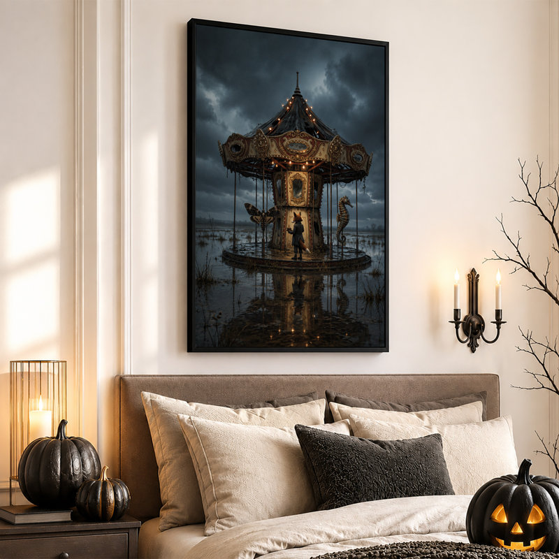 «Fox at Ornate Carousel In Flooded Field In Dark», art mural sur toile, H 24 po x l 16 po