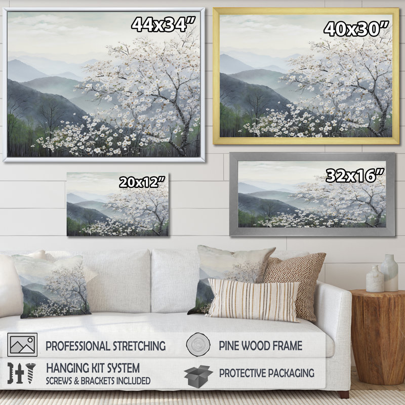 Fleurs de cornouiller japonais sur une toile imprimée, Cadre naturel flottant, H 34 po x l 44 po x P 1,5 po