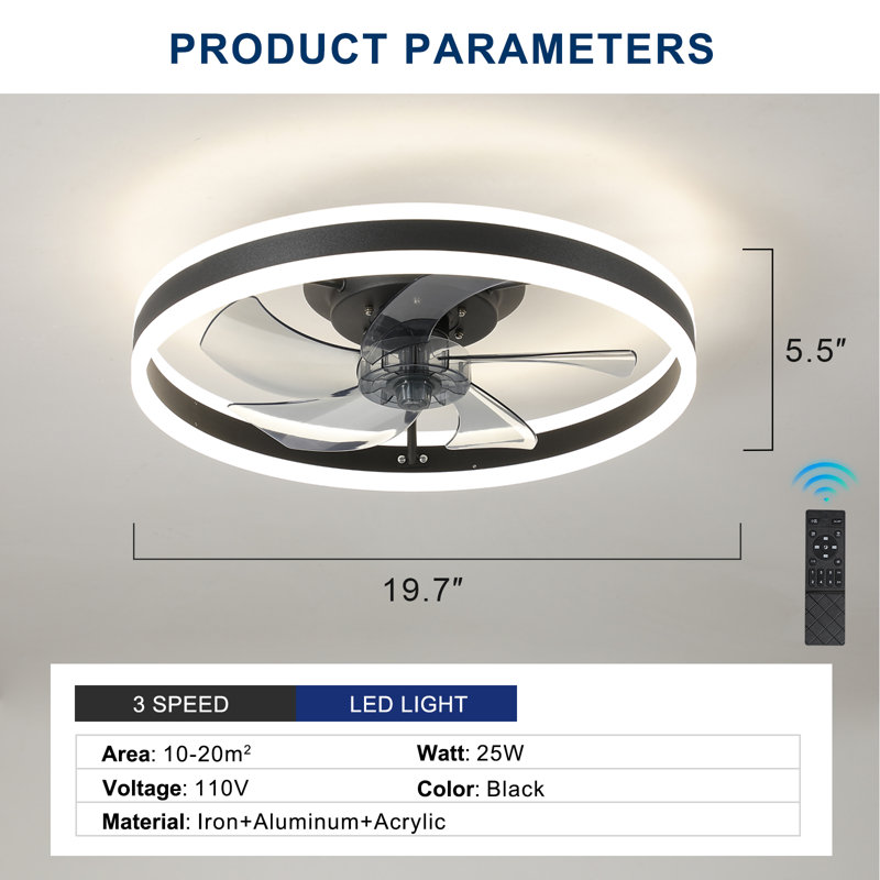Ventilateur de plafond avec lumières DEL Draquan, Noir avec frêne fumé
