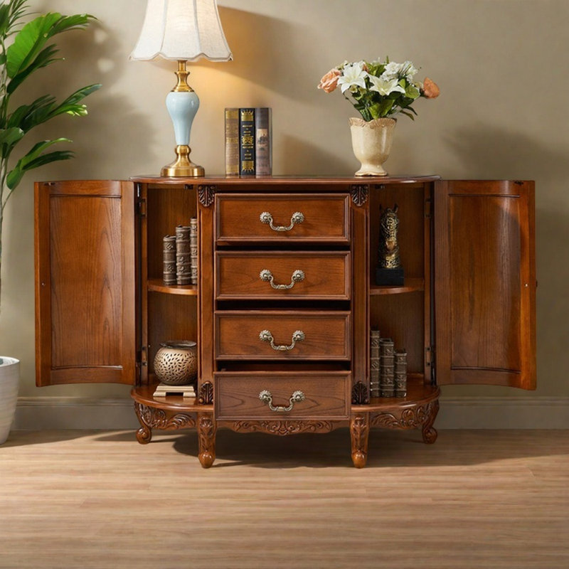 Simple Retro Semicircle Solid Wood Accent Cabinet, 35.03" H x 31.49" W x 13.77" D, Brown