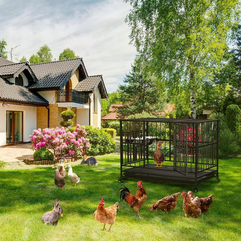 Cage pour chien robuste avec tringle / roues à levage pneumatique unique / 360 ° et 2 bols réglables, cage pour chien extra moyenne
