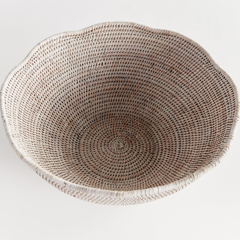 BURMA RATTAN SCALLOPED EDGE BOWL LG, White, 8" H x 18" W x 18" D