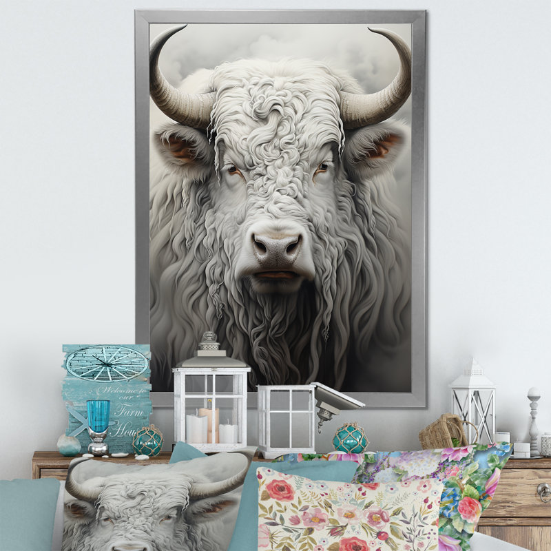 Minimalisme gris peinture Yak - Yaks Wall Art salon, Cadre photo argenté, H 44 po x l 34 po