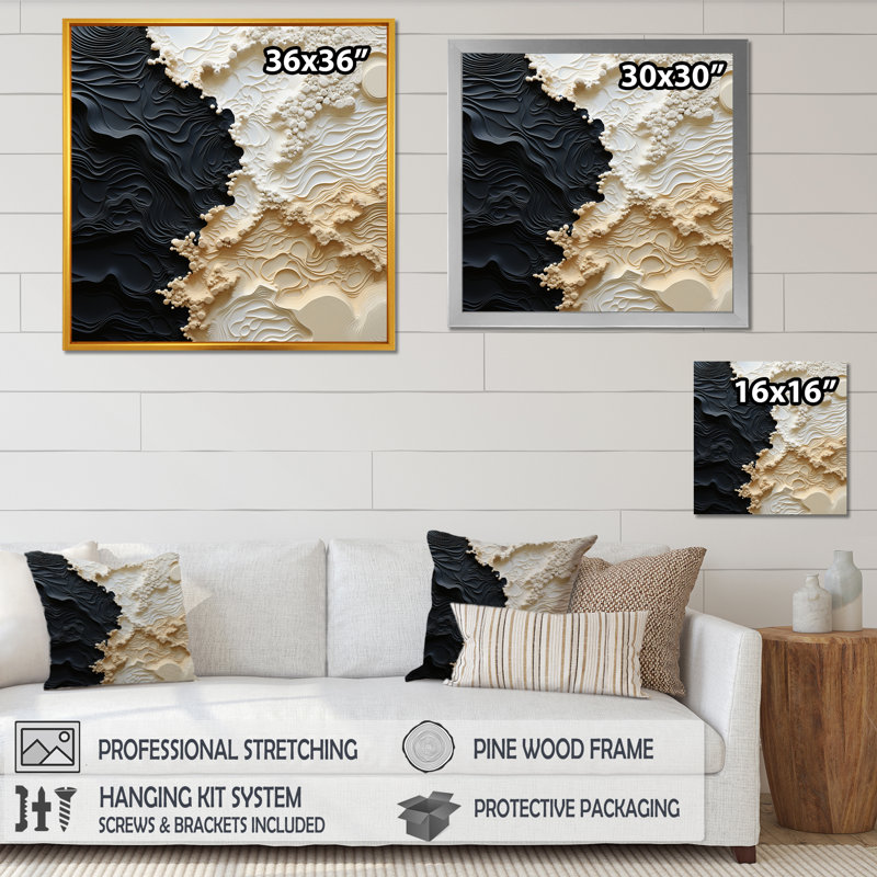 Abstrait crème et noir liquide, reproduction d'art sur toile côtière, H 16 po x l 16 po, Cadre photo unique, Argent argent