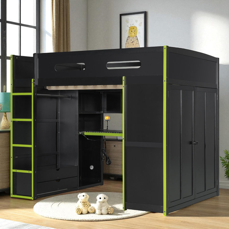 Full Size Loft Bed With Built-In Desk And Storage, Black/Green
