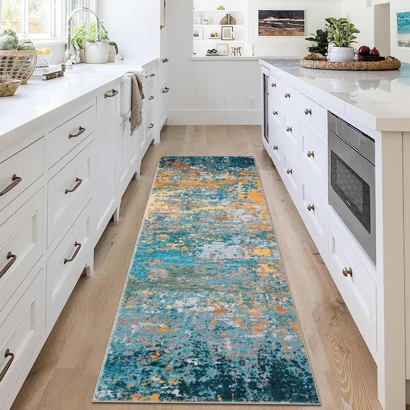 2x6 Washable Rug Non Slip Modern Abstract Hallway Runner Rug Rubber Backing Low Pile Contemporary Carpet Kitchen Laundry Entryway Grey/ 2'×6'