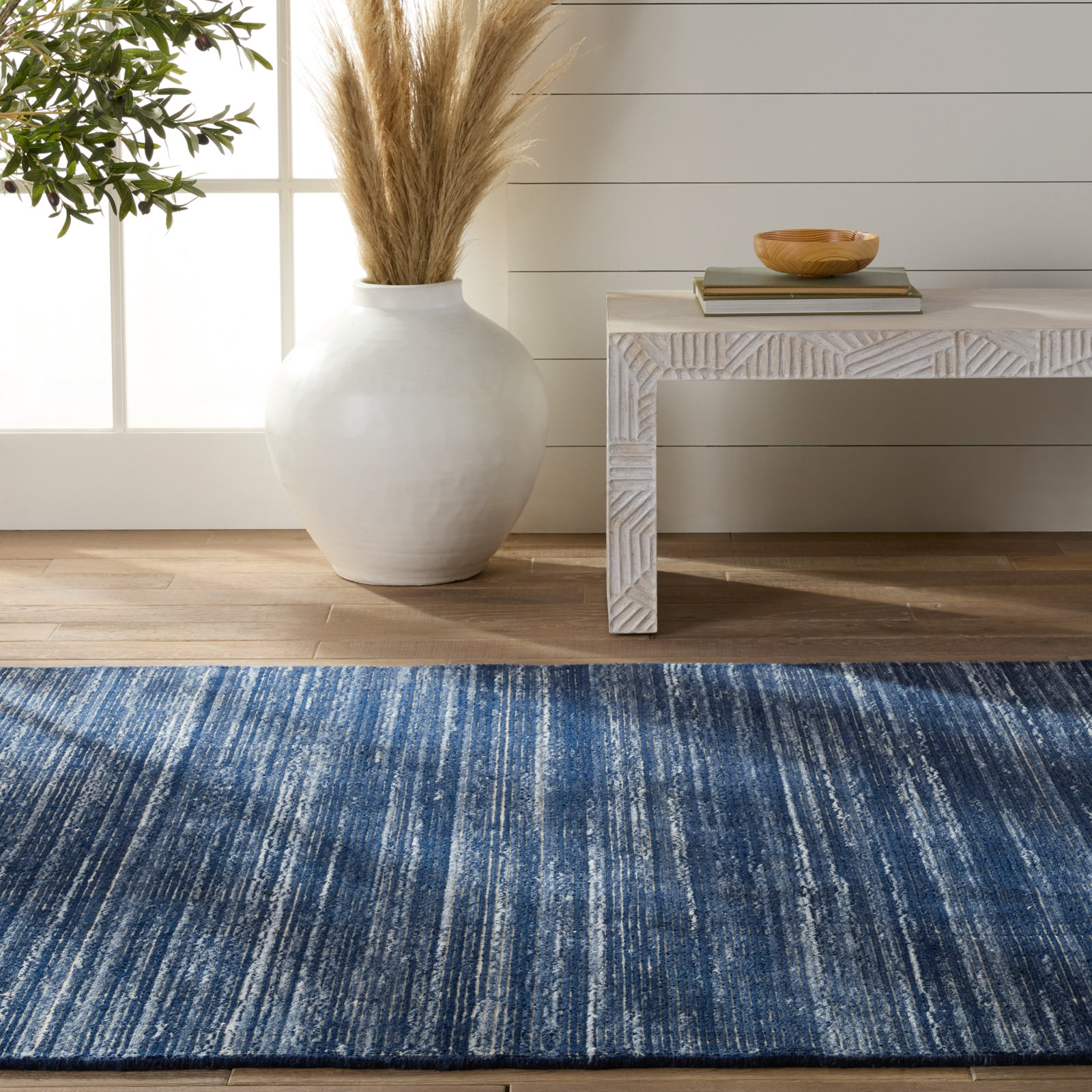 Caron Navy Hand-Woven Striped Rug, Rectangle 4' x 6'