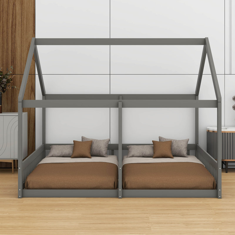 Lit plateforme double en bois en forme de maison double, côte à côte 2 lits partagés, Gris