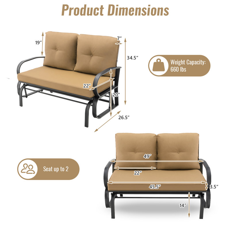 Banc d'extérieur en métal avec coussins Laceyville, Beige