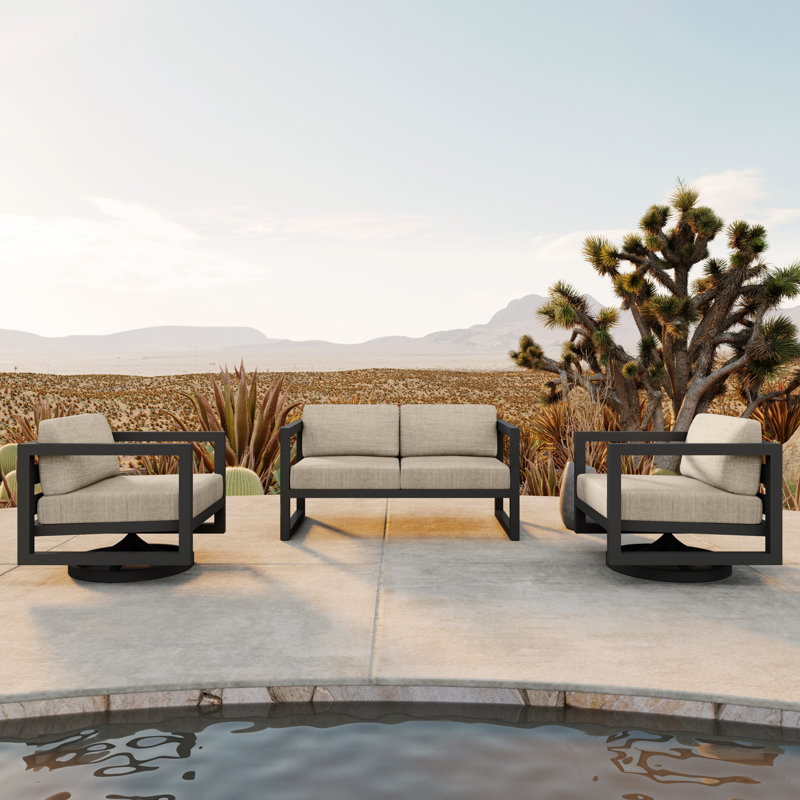 Avion 3 Piece Loveseat Set With Swivel, Slate, Canvas Flax Sunbrella® Canvas
