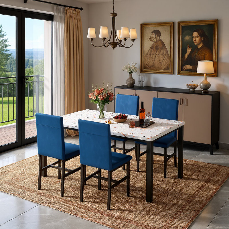 Faux Marble Dining Room Table And Chairs Set For 4, Blue/White