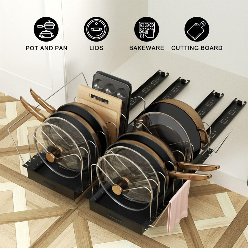 Under-cabinet pull-out pot rack with adjustable divider, handle bracket and pull-out shelf, suitable for storing pots and pans and lids, space-saving, practical and convenient.