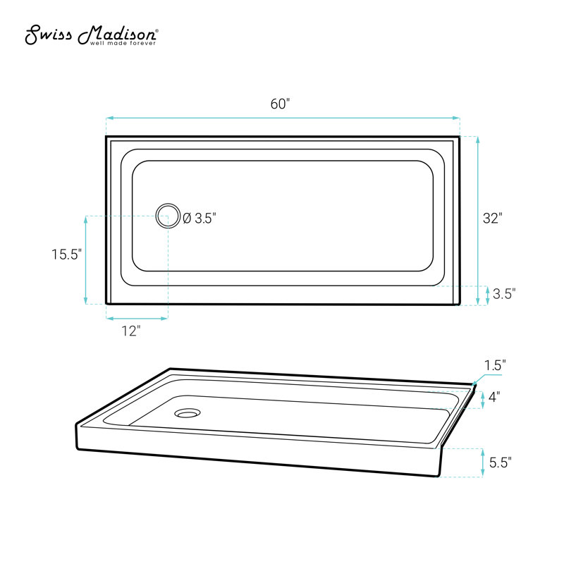 Voltaire 60" x 32" Single-Threshold, Shower Base, Left, Black