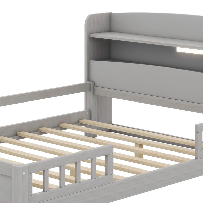 Lit plateforme en bois avec éclairage à DEL intégré, tête de lit avec rangement et garde-corps, Gris antique