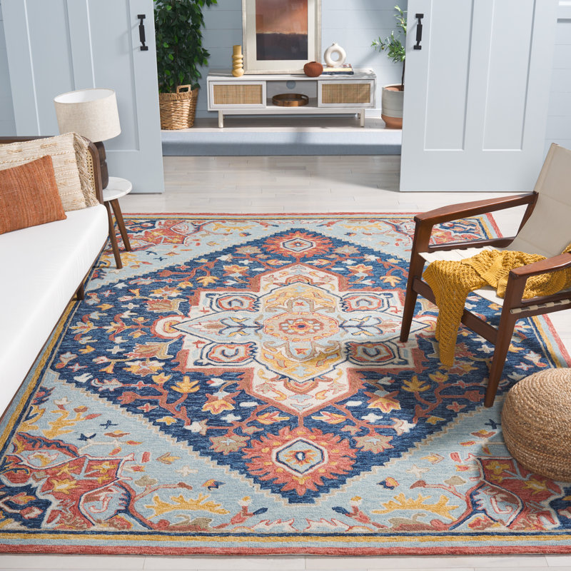 Tapis oriental en laine / coton touffeté à la main Sharl - bleu marine / rouge, Rectangle 8 pi x 10 pi