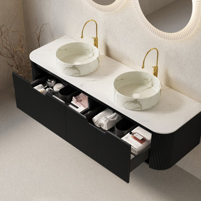 Meuble-lavabo pour salle de bain 60 po, 2 tiroirs, 2 cuves rondes en céramique blanc mat et plateau en pierre frittée blanc de Carrare préassemblé, noir