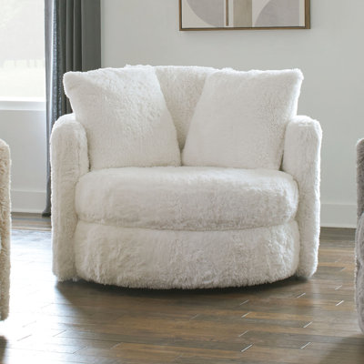 Chaise contemporaine contemporaine en chenille blanche avec accoudoirs courbés, dossier coussiné, l 49 po x l 49 po, H 38 po, 90 lb, fonctionnalité pivotante, coussin de dossier 1pc, livre, caractéristique, seulement