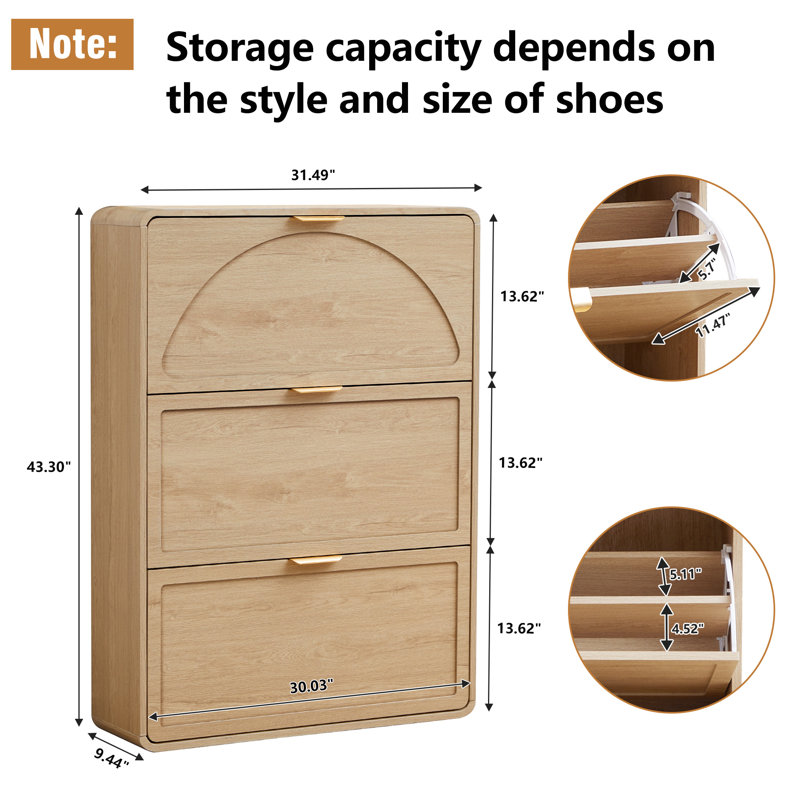 24 Pair Shoe Storage Cabinet With 3 Flip Drawers, Natural
