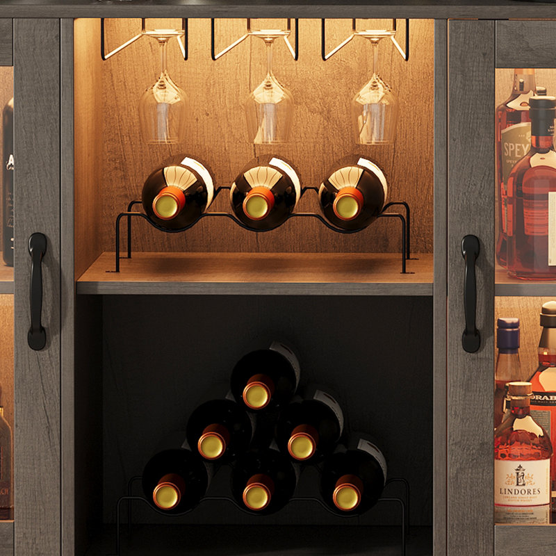 Freestanding Liquor Cabinet for Home with LED Lights Wine Bar Cabinet Coffee Bar Buffet Sideboard Storage with Wine Rack Glass Holder for Living Room Dining Room Grey
