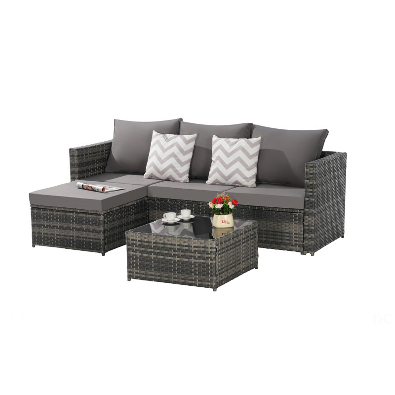 Durable Outdoor Woven Sectional L-Shaped Patio Furniture Set With Ottoman And Detachable Lounger Table, Perfect For Backyard And Poolside
