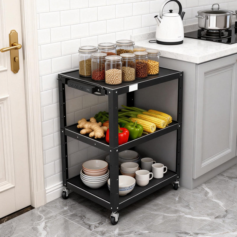 3-Tier Utility Cart With Wheels, Rolling Computer Cart With Power Strip, Power Outlets and USB Ports