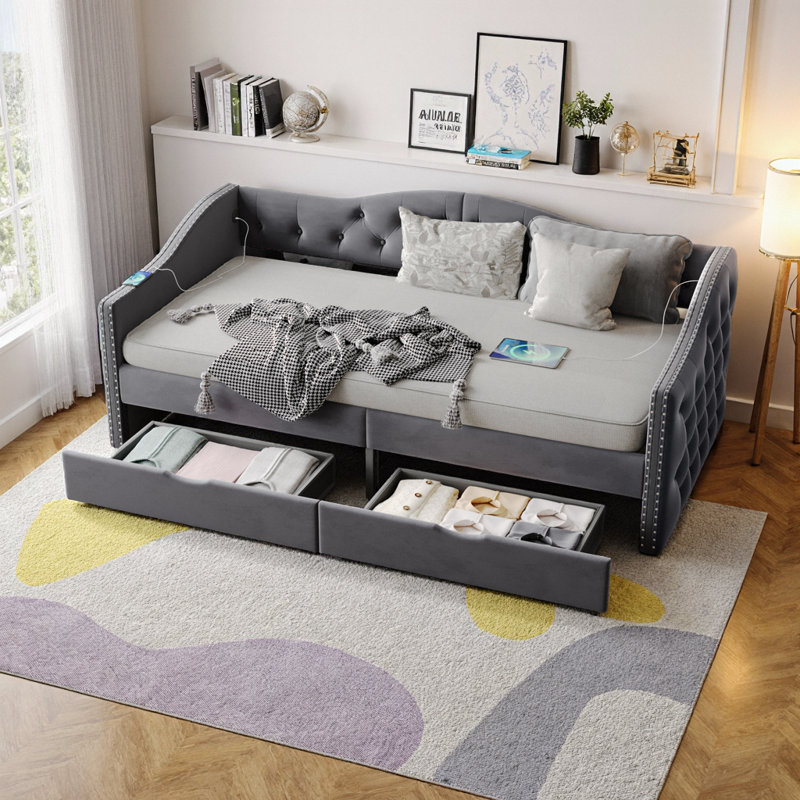 Grey Velvet Upholstered Twin Daybed with Storage Drawers - American Design, No Box Spring Needed, Space-Saving Multi-Functional Sofa Bed