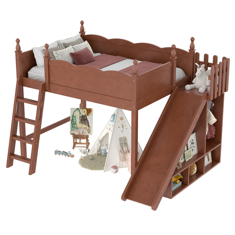 Full Loft Bed with Storage Shelves and Wardrobe, Solid Wood Loft Beds with Detachable Slide and Ladders, No Spring Box Needed, Deep Natural.(Patent Protection)