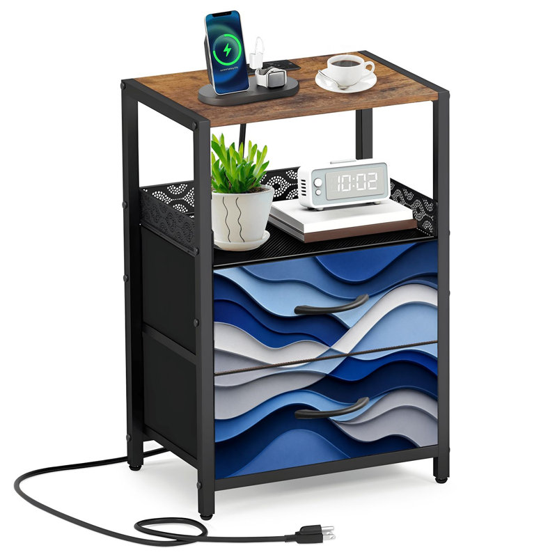 Table de chevet 2 tiroirs en tissu avec station de charge Rayures décoratives bleues et blanches