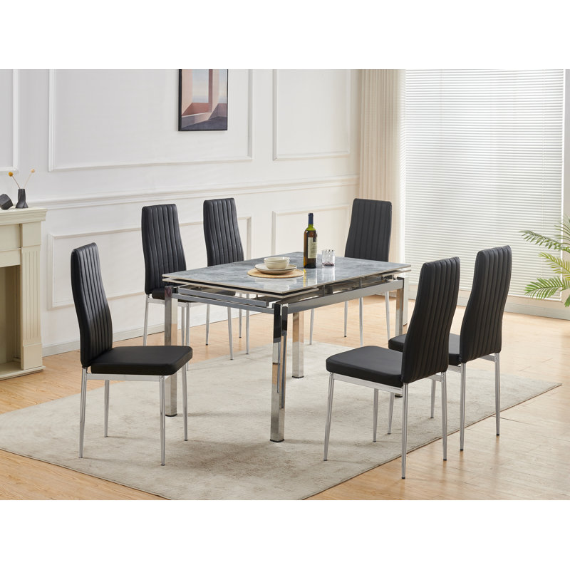 Grande Sintered Stone Extending Dining Table with 6 Monza Chairs, Black Faux Leather