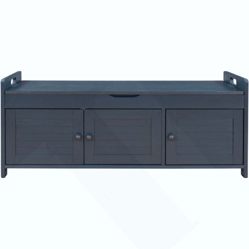 Banc de rangement rustique avec 3 portes à volets, coussin amovible et rangement dissimulé à plateau relevable, banc à chaussures polyvalent
