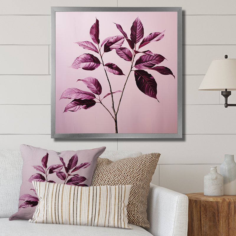Impression sur toile, feuilles mauves et prune, Cadre simple argenté, H 16 po x l 16 po x P 1 po