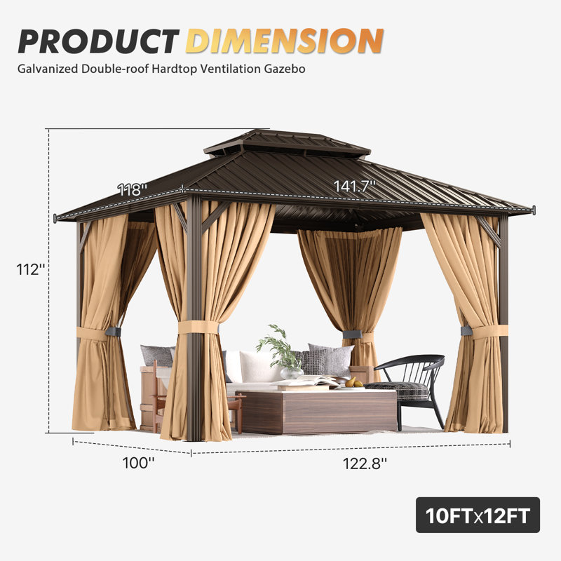 Pavillon de jardin à toit rigide avec toit en acier galvanisé et structure en métal, 12 pi. L 10 pi. D, Brun