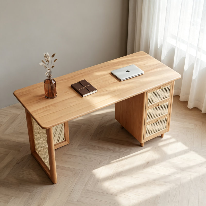 Bureau en pin massif et rotin avec 3 tiroirs, 29.5" H x 47.2" W x 23.6" D