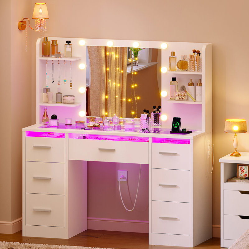 Camyla Makeup Vanity Table with LED Lighted Mirror, Power Outlet,7 Drawers,4 Shelves,5 Jewelry Hooks