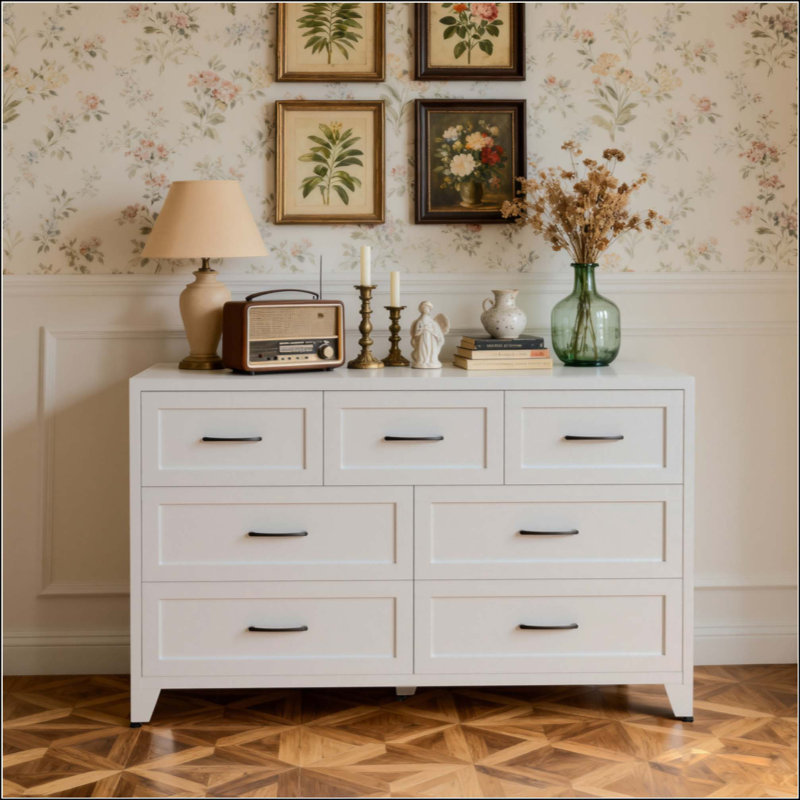 Commode 7 tiroirs, grande armoire de rangement à profil bas, commode en métal blanc pour chambre à coucher, salon et entrée