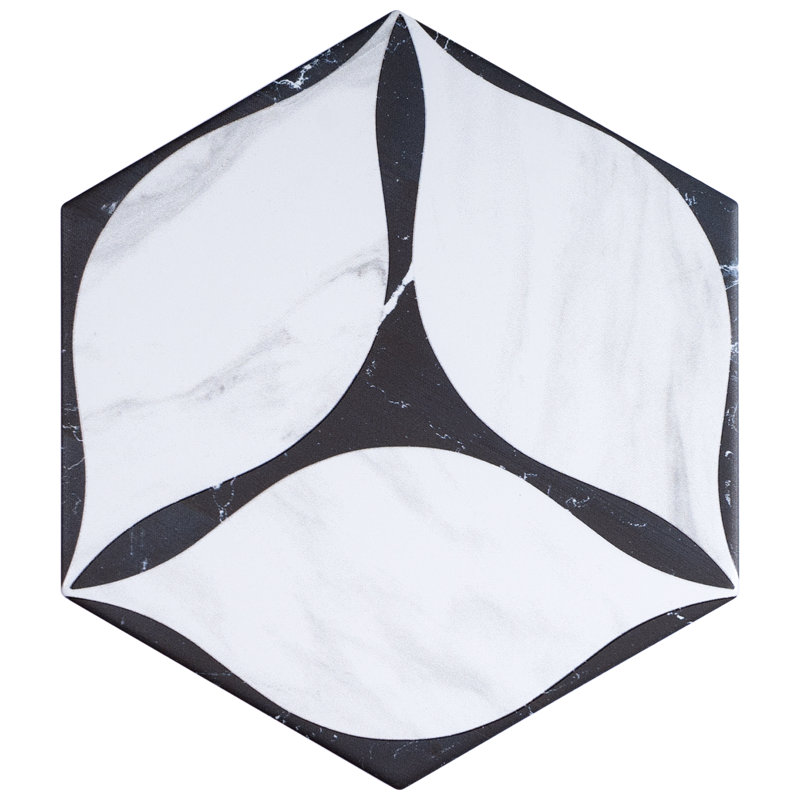 Carrelage mural et de plancher en porcelaine mate Hexagon 7,7 po x 8,9 po Corola, Blanc / noir