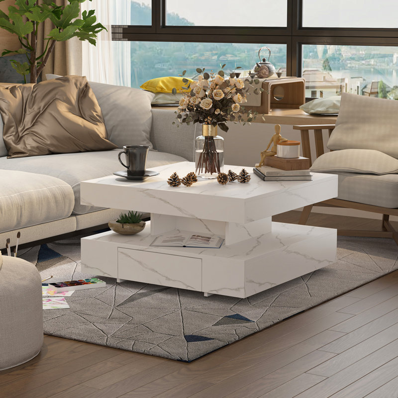 Table basse carrée moderne avec rangement pour salon, Marbre blanc